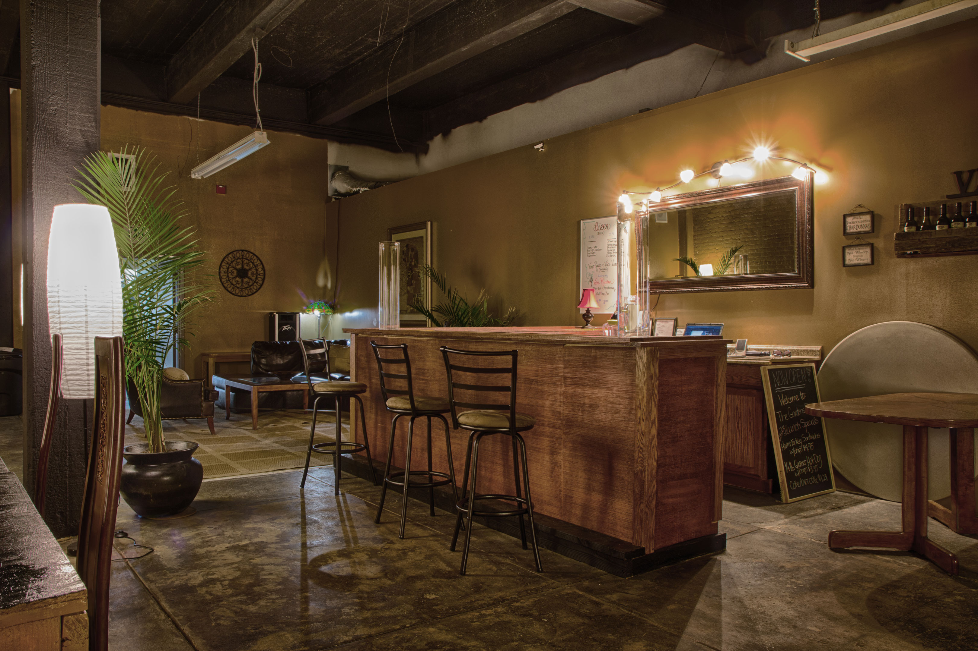Cafe interior with warm evening atmosphere